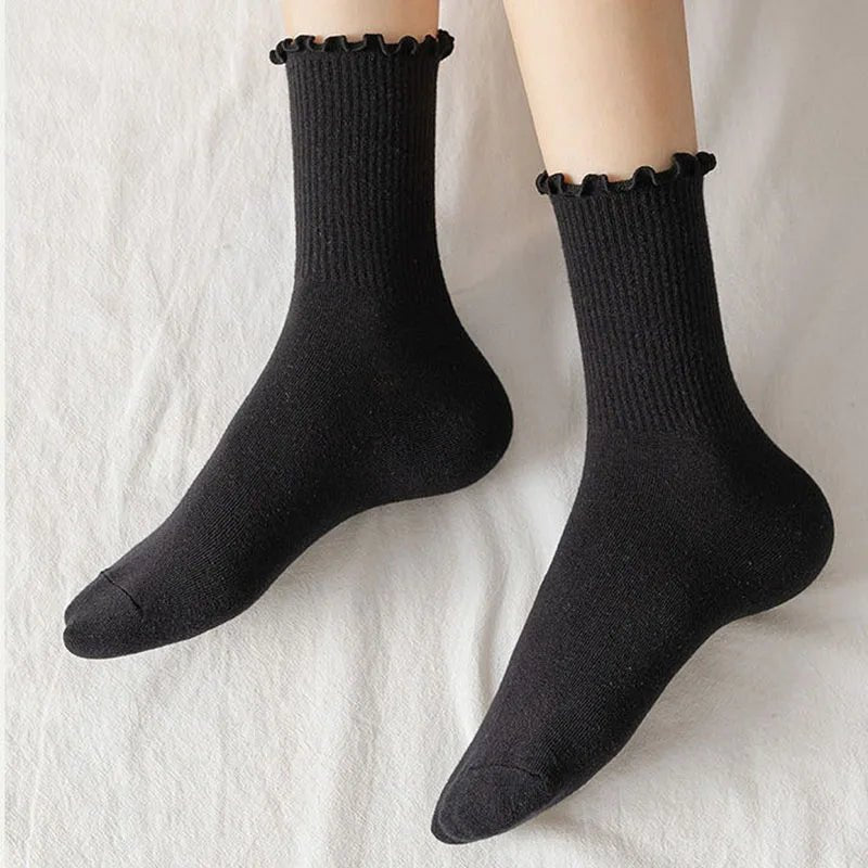 Women's Ruffle Mid Tube Ankle Socks - Breathable Cotton Black White Beige - lily supply