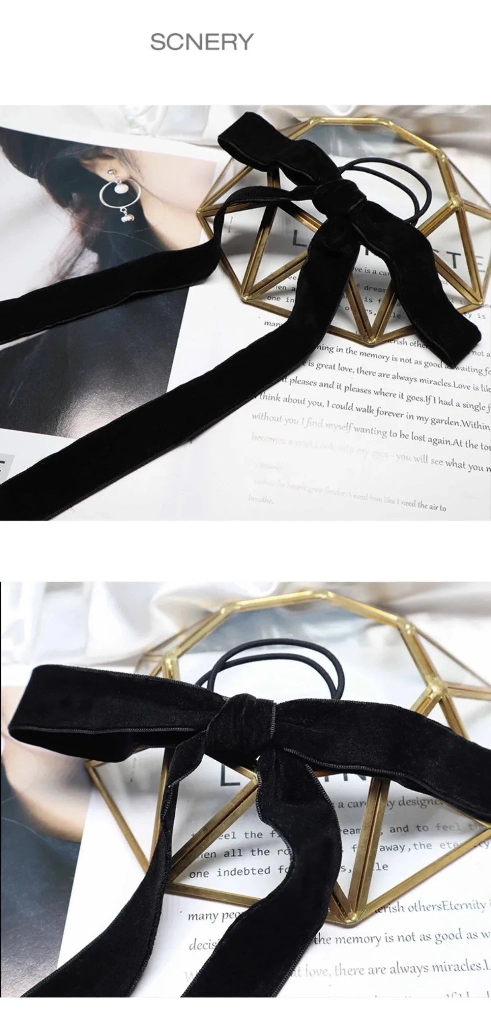 Vintage Black Velvet Bow Ribbon Scrunchie - Long Elastic Hair Tie for Women - lily supply
