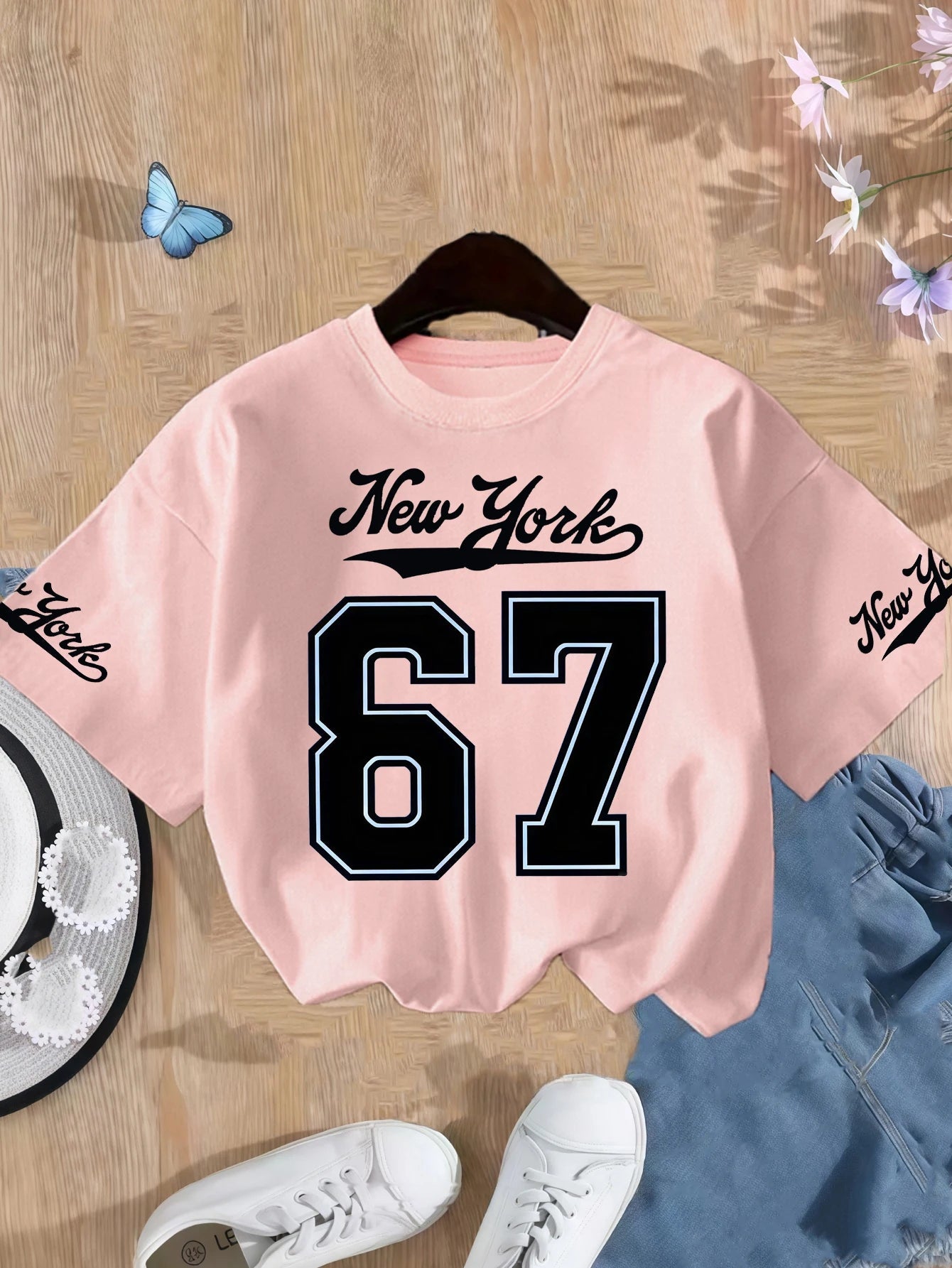 Girls' Number 67 New York Print Summer Short - Sleeve Pure Cotton T-Shirt Pink Elastic Round Neck Children's Top Fashion Design - lily supply