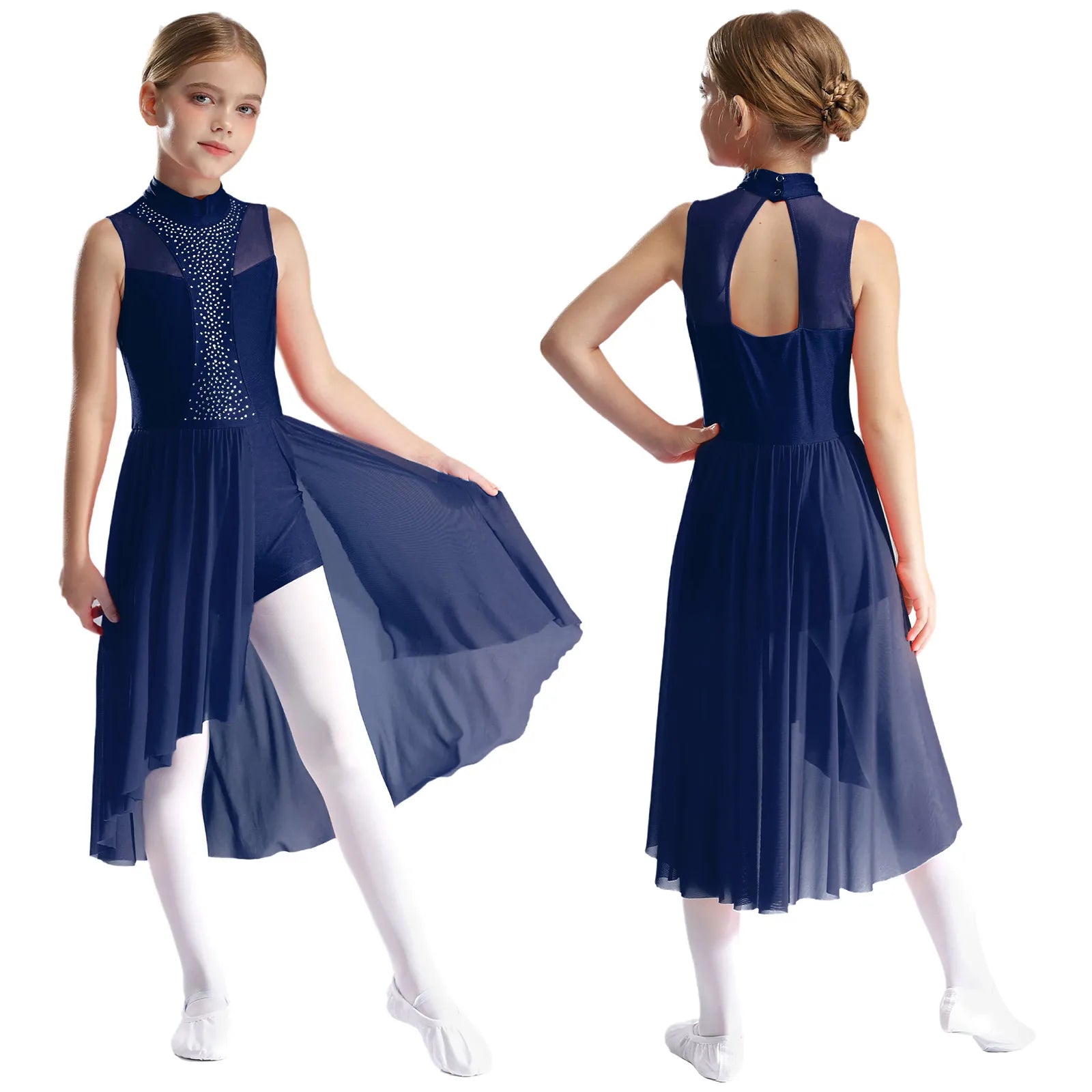 Girls Lyrical Dance Dress | Rhinestone Mesh Keyhole Back Leotard Costume Size 6 - 16 - lily supply