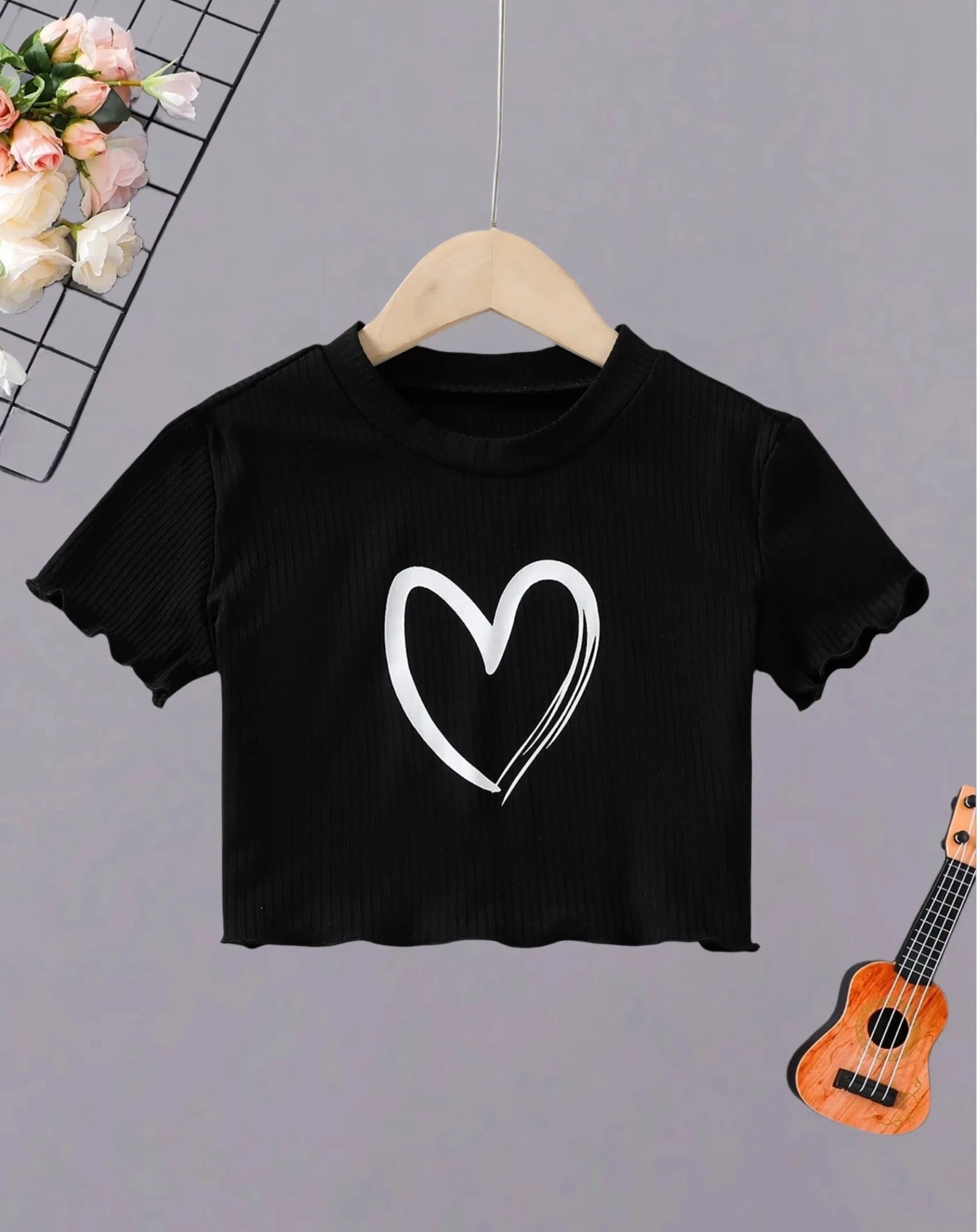 New summer girls T-shirt, black background, white love, comfortable and breathable - lily supply