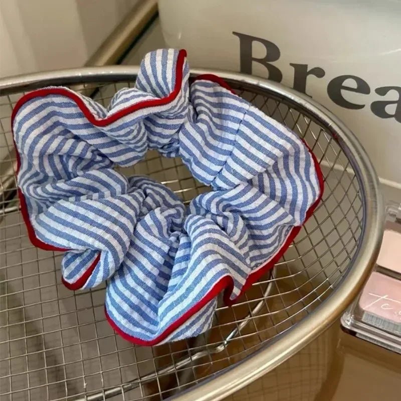 Red Hem Blue Striped Scrunchie - Sweet Fresh Elastic Hair Tie - lily supply