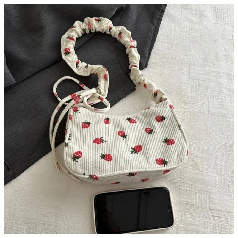 Women's Corduroy Strawberry Mini Shoulder Bag - Cute Half Moon Tote