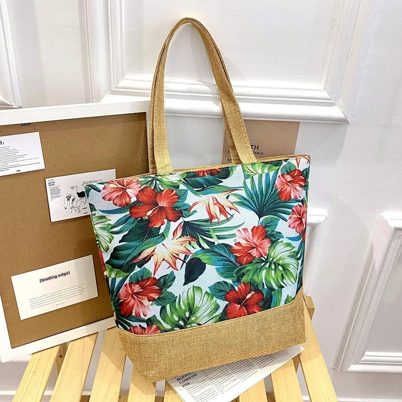 Women's Floral Printed Beach Shopping Large Capacity Tote Bag
