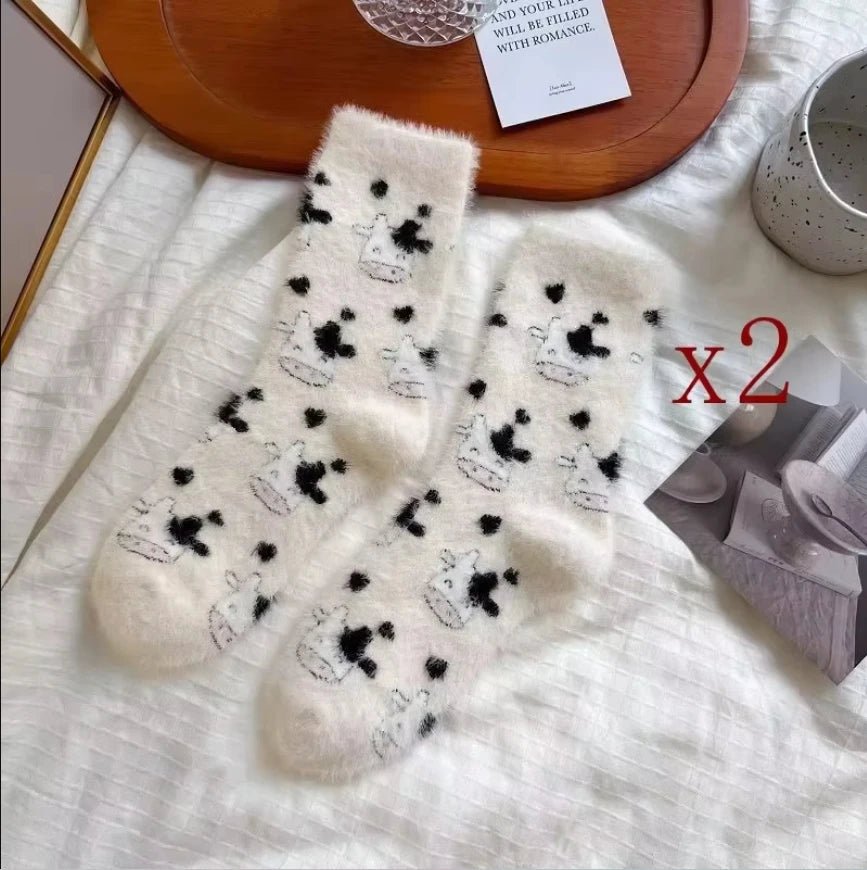 Women's Cute Cow Print Warm Plush Socks – Fluffy Novelty Socks - lily supply