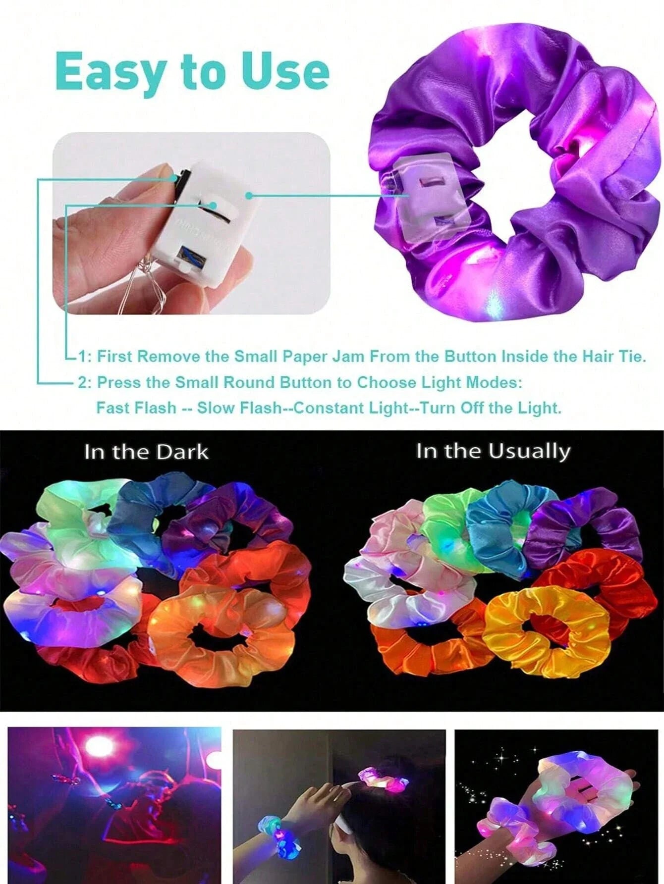 10pc LED Light Up Hair Scrunchie - Elastic Satin Party Ponytail Holder - lily supply