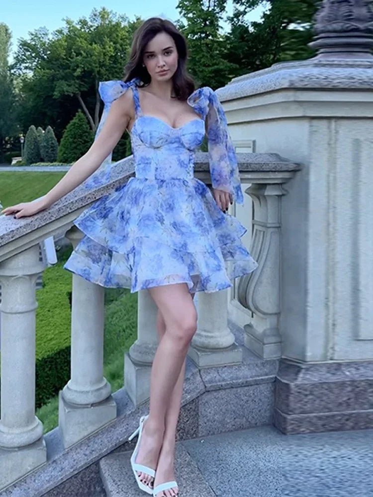 Elegant Printed Short Dresses Women Chic Lace Up Sleeveless Puff Dress Female Summer Holiday High Waist Lady Vestidos Beachwear - lily supply