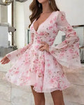 Women's Floral Bell Sleeve Plunge Dress - Sexy V-Neck Party