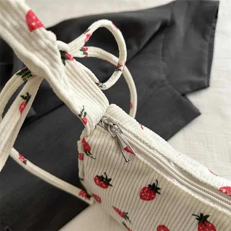 Women's Corduroy Strawberry Mini Shoulder Bag - Cute Half Moon Tote