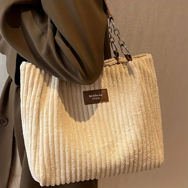 Women's Corduroy Plush Tote Bag - Large Capacity Commuter Travel Shoulder Bag