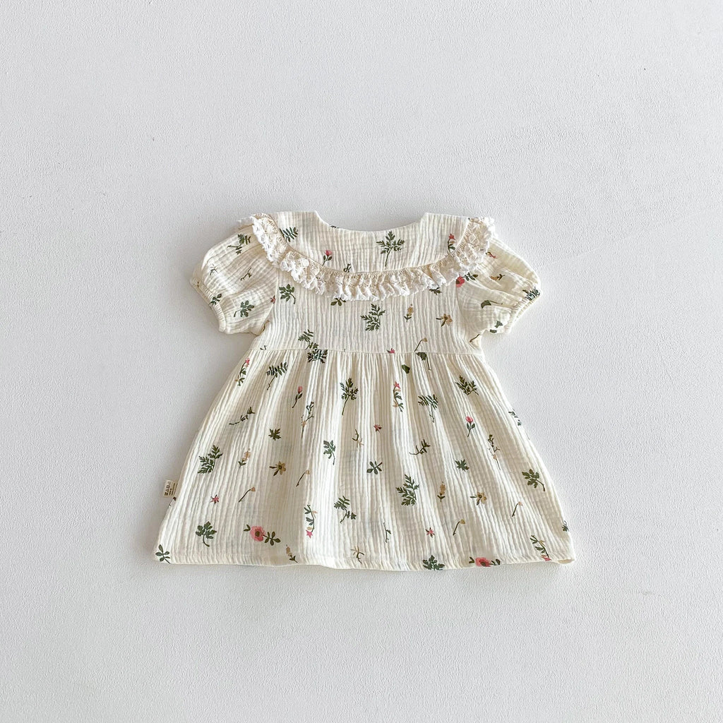 Baby Girls Floral Cotton Summer Dress | Stand - Up Collar Short Sleeve 9M - 4Y - lily supply