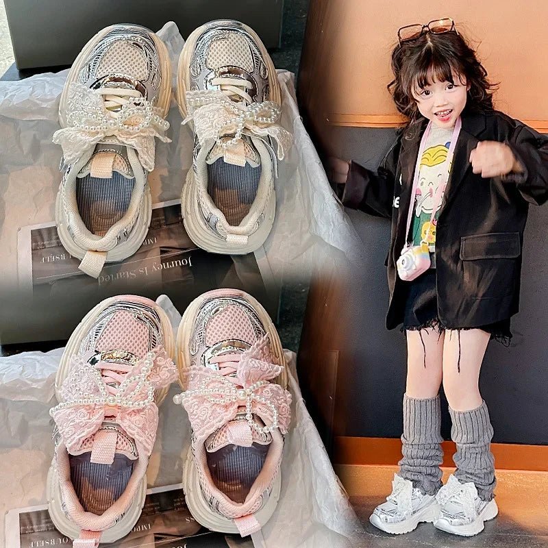 Girls Sports Shoes with Sweet Mesh Bow Kids Running Shoes Breathable 2026 New Fashion Children Sneakers Princess Style Cute - lily supply