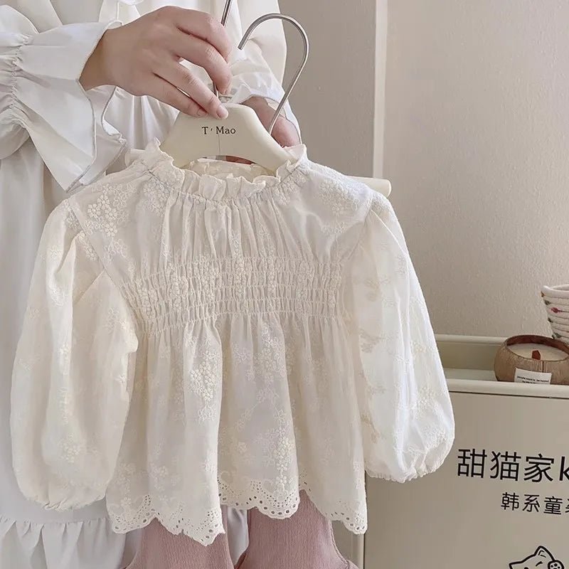 Girls shirt stand - up collar embroidered dark flower pleated top coat 2025 autumn clothes new children's clothing 3 - 8 years old - lily supply