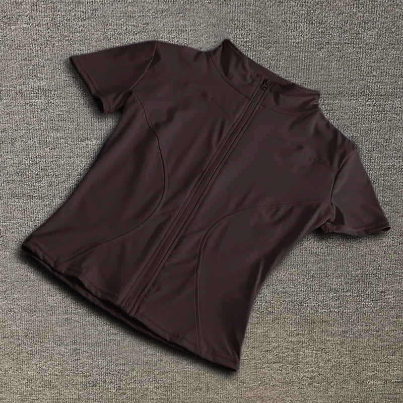 Women's Waist Slimming Yoga Shirt - Full Zip Stand Collar Short Sleeve