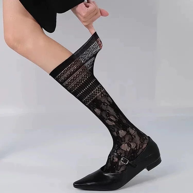 Women's Hollow Lace Y2K Mid Calf Socks - Black White Breathable Lolita Style - lily supply