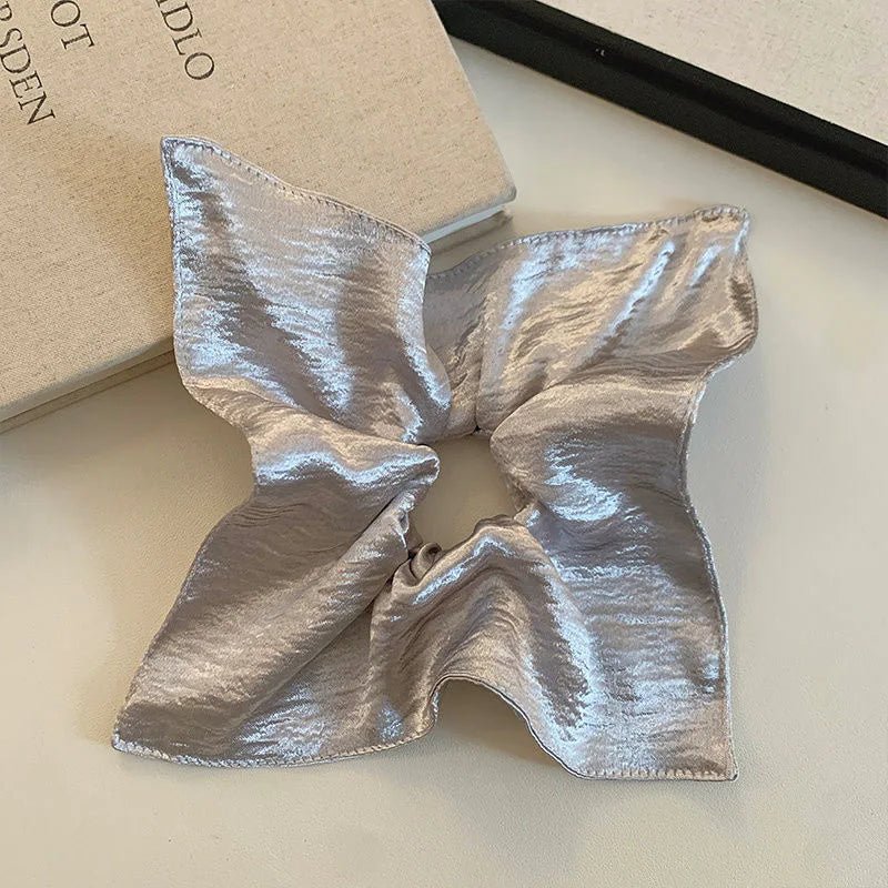 Korean Silver Square Shiny Fabric Scrunchie - Oversized Retro Ponytail - lily supply