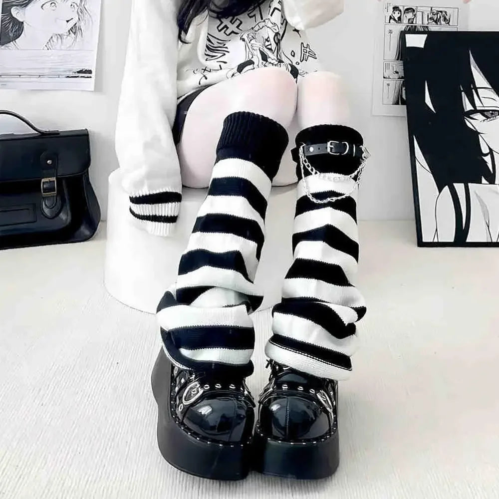 Black White Lolita Long Socks Knitted Japanese Winter Socks Gothic Women's Striped Leg Warmers Arm Ankle Warmers Wide Legs Cover