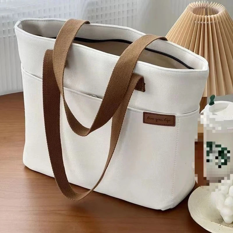 Women's 2-Layer Canvas Tote Bag - Large Capacity Student Commute Bag