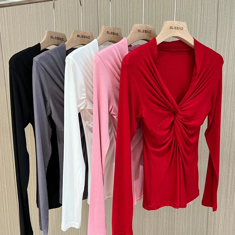 Girls Cotton Twisted V - neck T-Shirts Tees Female Long Sleeve High Elasticity Elegant Stretchy Tshirt Tops For Women - lily supply