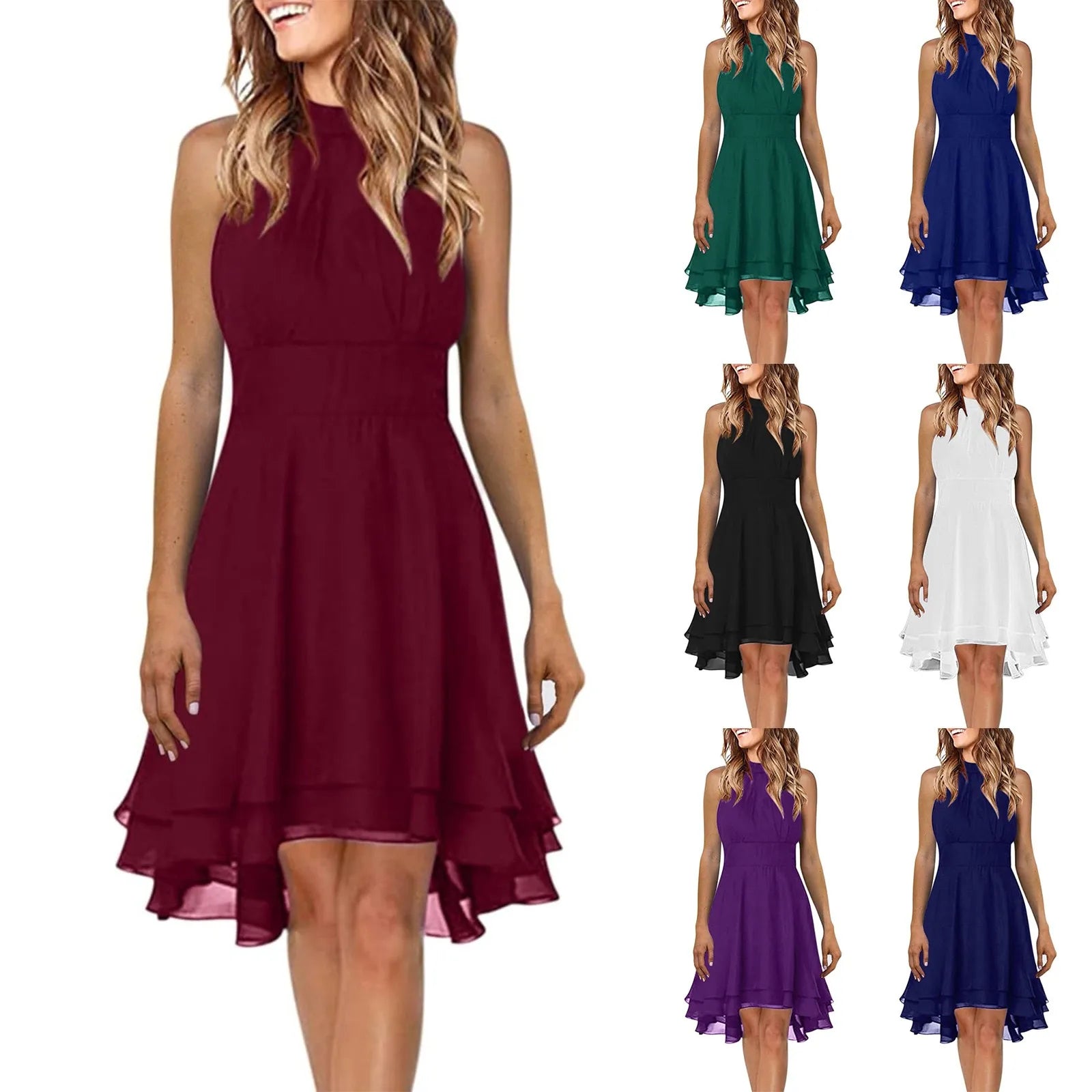 Women's Elegant Halter Chiffon Party Dress - High Waist Sleeveless