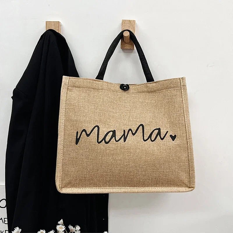 Mama Letter Print Linen Tote Bag - Large Capacity Baby Diaper Shoulder Bag - lily supply