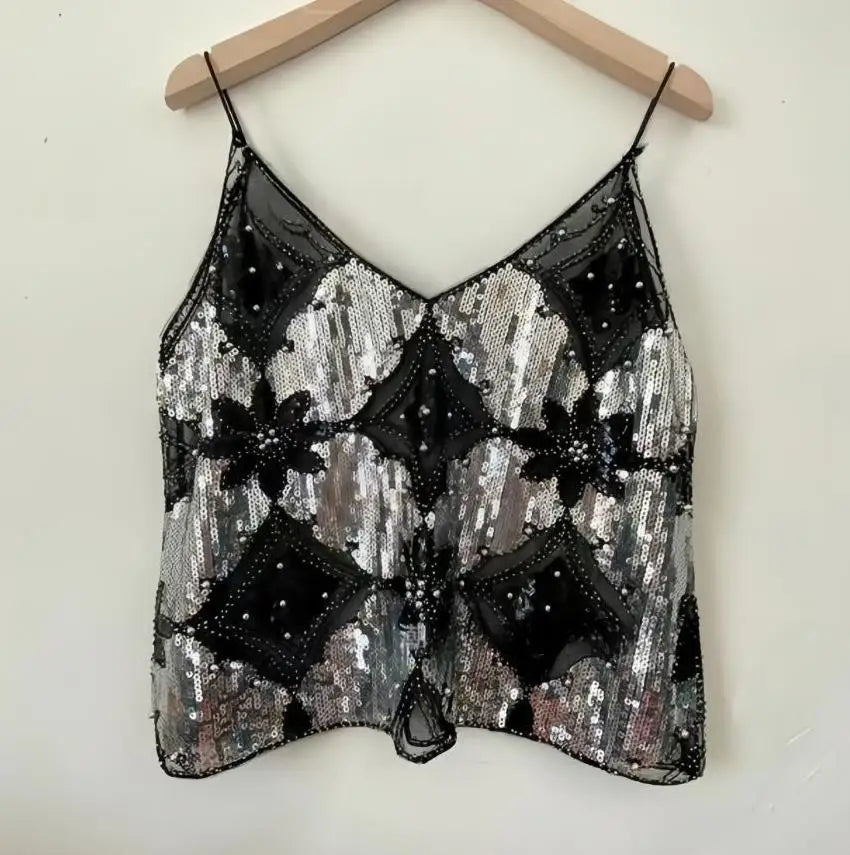 Women's Sequined Beaded Mesh Sparkly Cami Top
