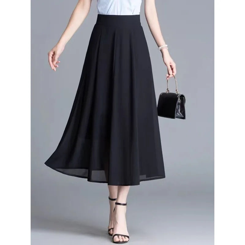 Women's Black Chiffon Maxi Skirt High Waist A-Line Flowy Pleated Casual Party Midi Skirt