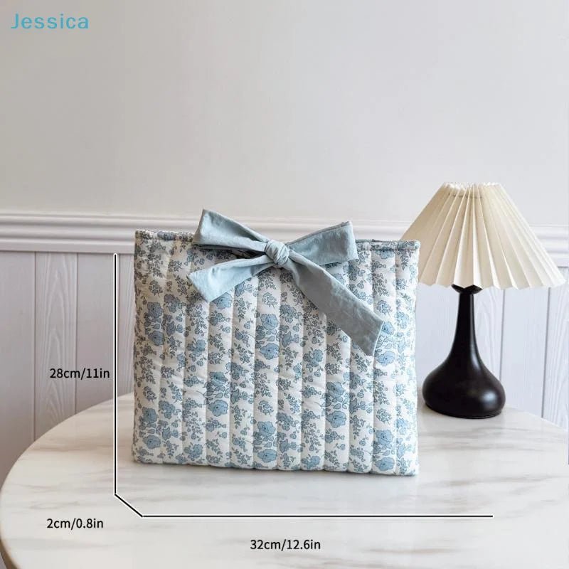 Blue Floral Bow Cotton Linen Tote Bag - Lightweight Daily & Beach Shoulder Bag - lily supply