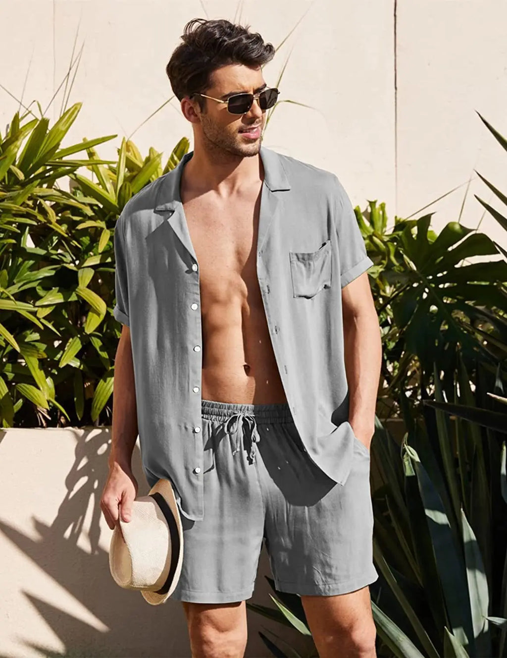 Men's Cotton Linen 2-Piece Beach Shirt Set