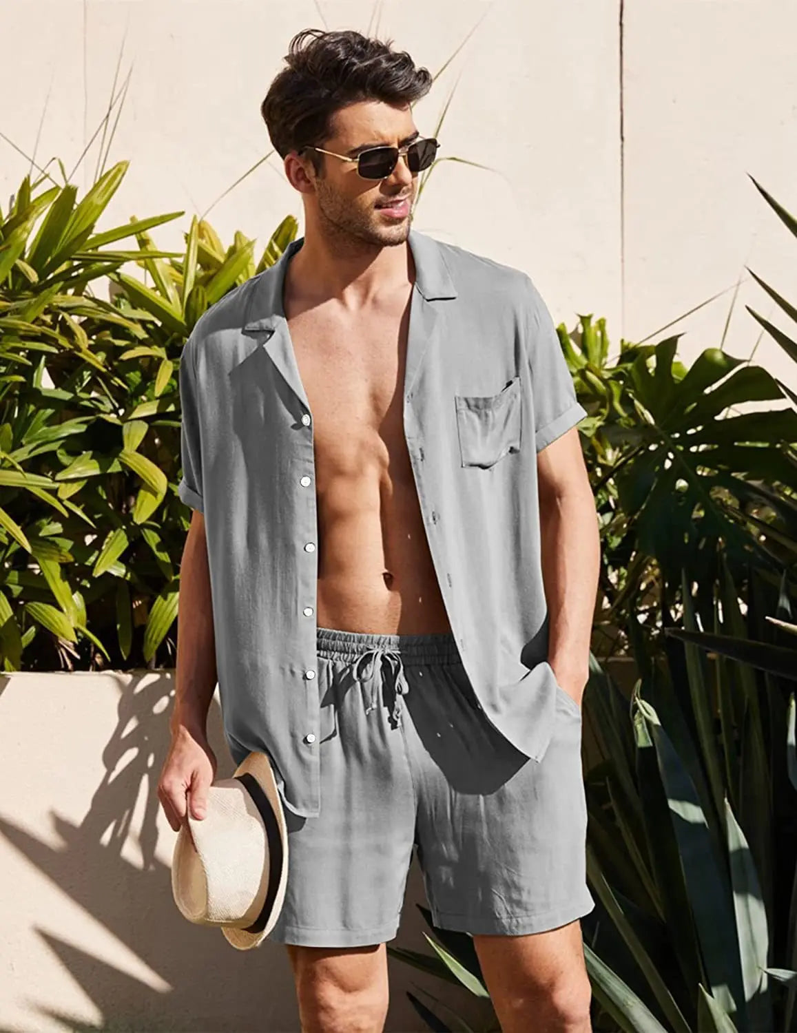 Men's Cotton Linen 2-Piece Beach Shirt Set