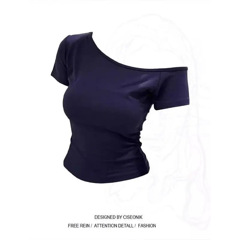 1pcs Girls Off - Shoulder T-shirt Women's Basic Fashion Tee Solid Ladys Short Sleeve Slim Tops Females Sexy Slanted Collar Tshirts - lily supply