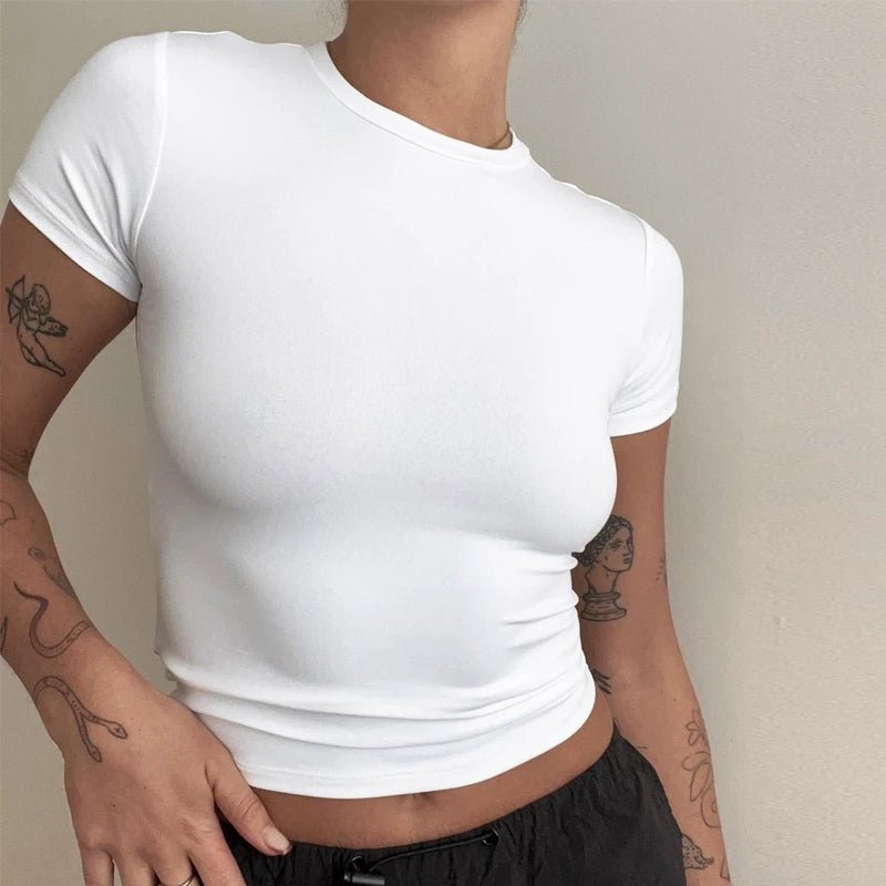 Woman Clothing Short Sleeve T-shirt Slim Fit Tops Female O - Neck Knitted Sheath Tee Shirt Street Wear Sex Sporty 2024 Y2K New2410 - lily supply