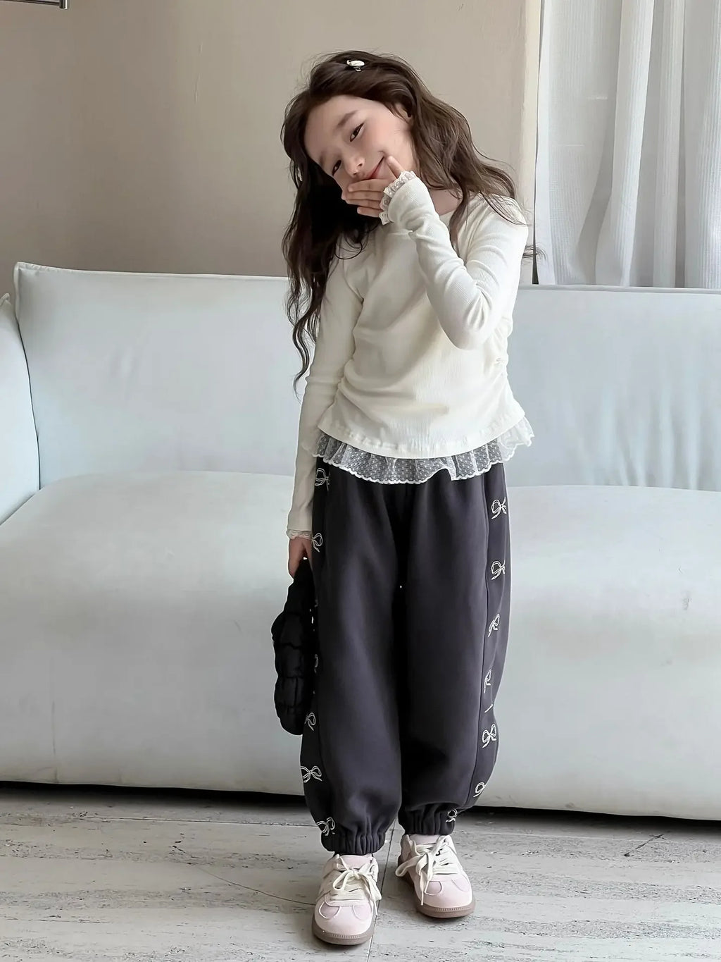 Girls Lace T-shirt 2024 Autumn New Slim - fit Top Children's High - elastic Knitted Top - lily supply