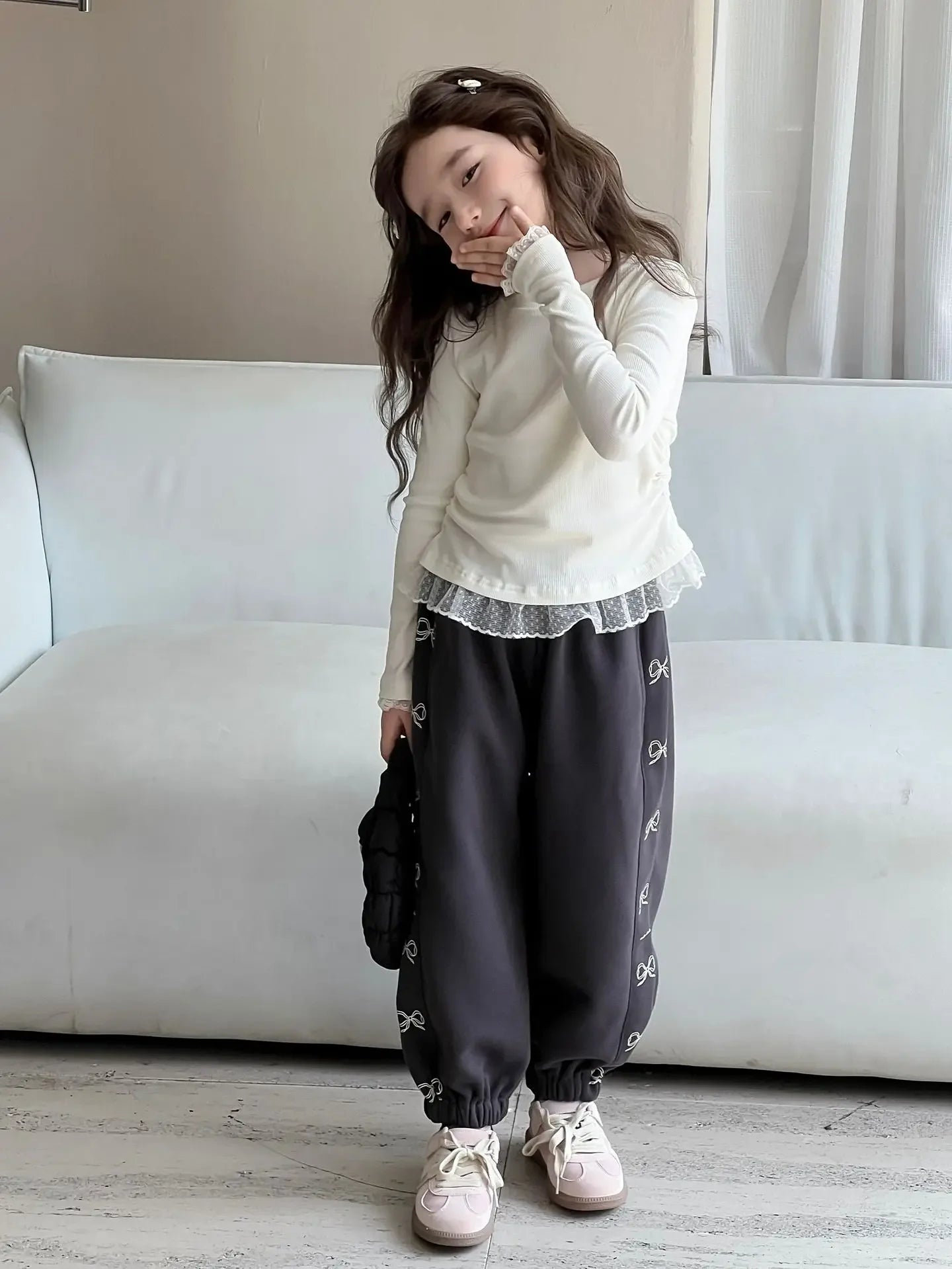 Girls Lace T-shirt 2024 Autumn New Slim - fit Top Children's High - elastic Knitted Top - lily supply