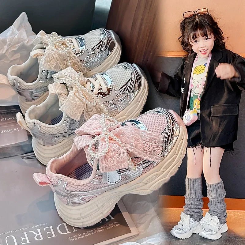 Girls Sports Shoes with Sweet Mesh Bow Kids Running Shoes Breathable 2026 New Fashion Children Sneakers Princess Style Cute - lily supply