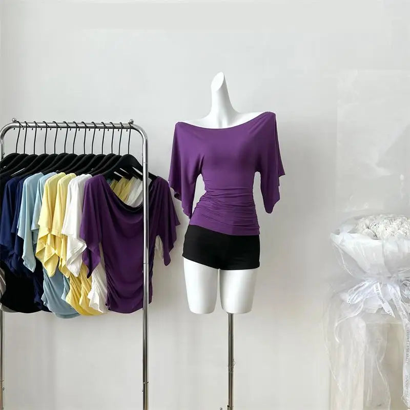 Women's Slash Neck Flare Sleeve Pleated Top