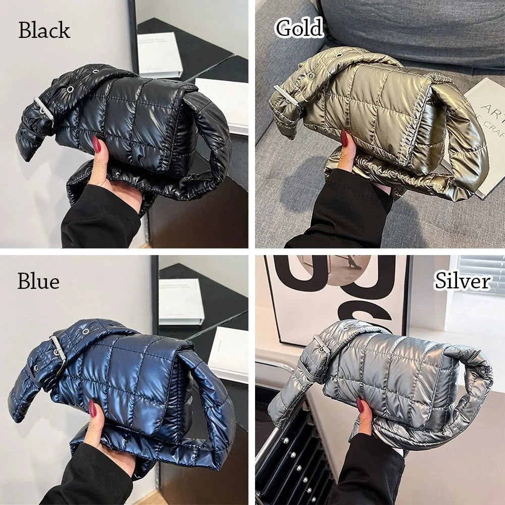Fashion Quilted Padded Tote Bag - Warm Down Cotton Plaid Shoulder Bag