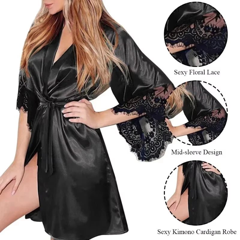 Women Night Gown Robe with G String Floral Lace Bathrobe Halt Sleeve Nightdress Female French Sexy Silky Satin Sleepwear - lily supply