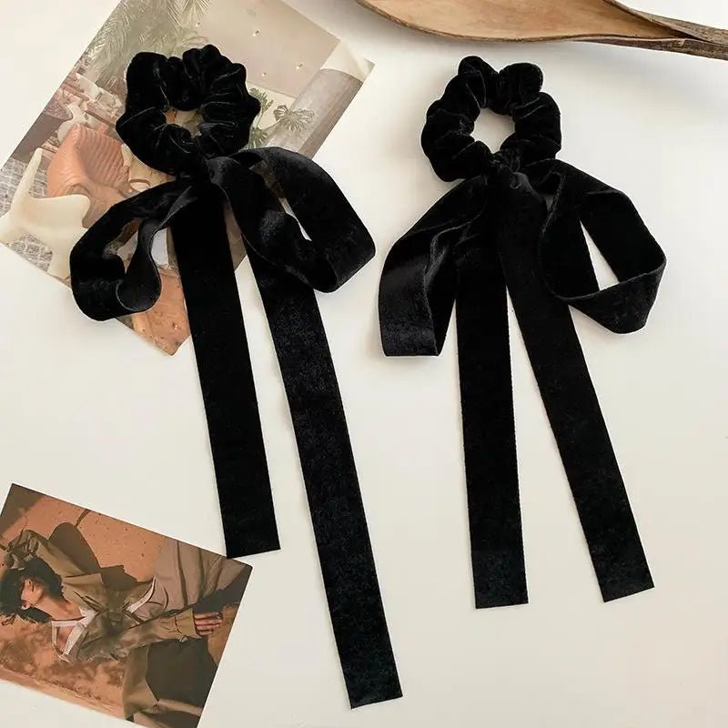 Vintage Black Velvet Bow Hair Ribbon Scrunchie - Long Elastic Hair Tie - lily supply