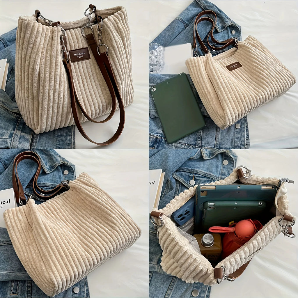 Women's Corduroy Plush Tote Bag - Large Capacity Commuter Travel Shoulder Bag