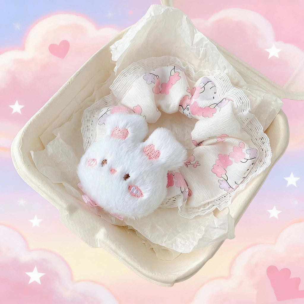 Cute Pink Bunny Hair Scrunchies - Aesthetic Ponytail & Bun Hair Ties - lily supply