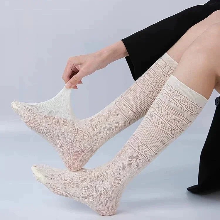 Women's Hollow Lace Y2K Mid Calf Socks - Black White Breathable Lolita Style - lily supply