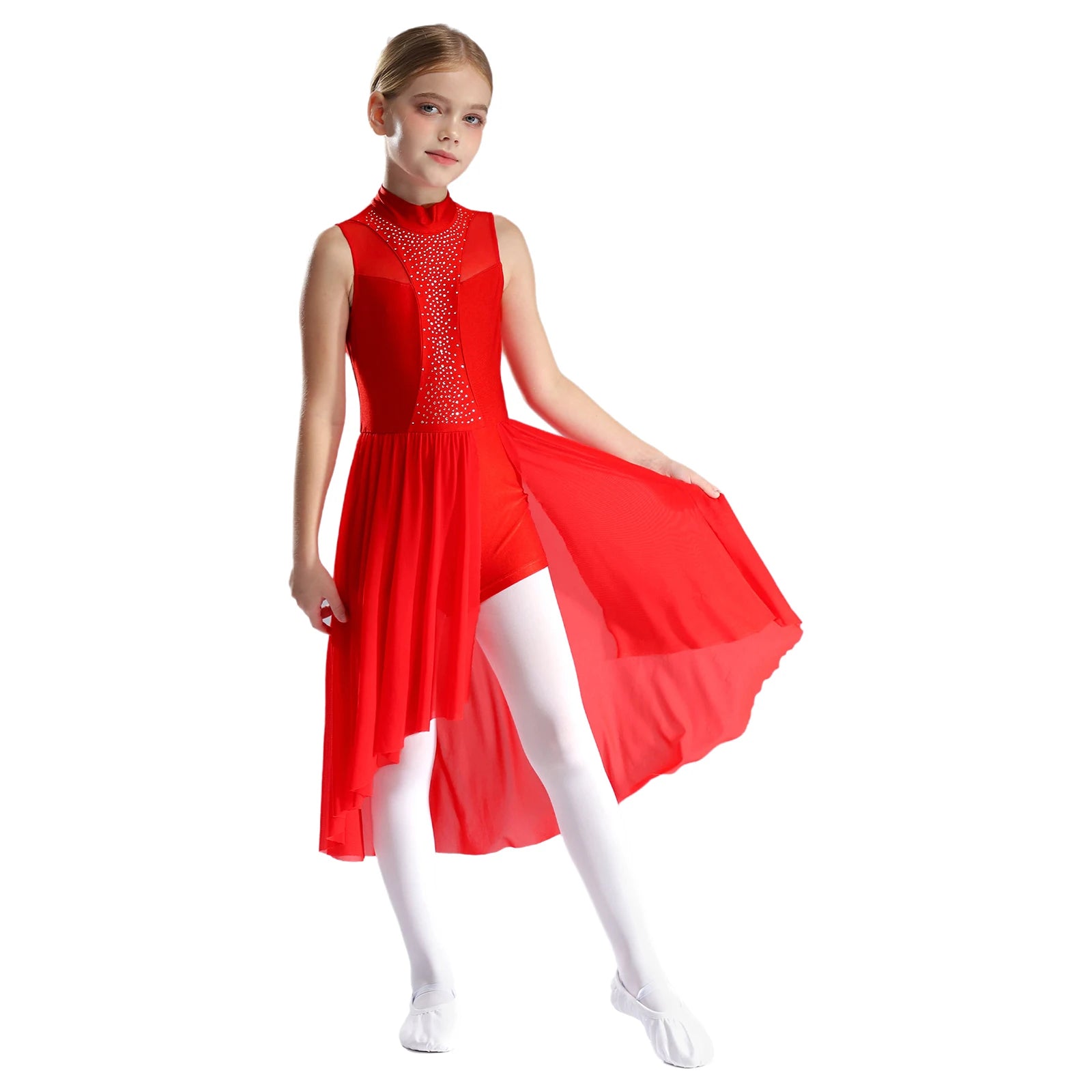Girls Lyrical Dance Dress | Rhinestone Mesh Keyhole Back Leotard Costume Size 6 - 16 - lily supply