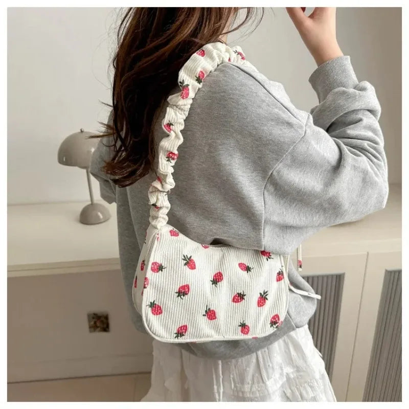 Women's Corduroy Strawberry Mini Shoulder Bag - Cute Half Moon Tote