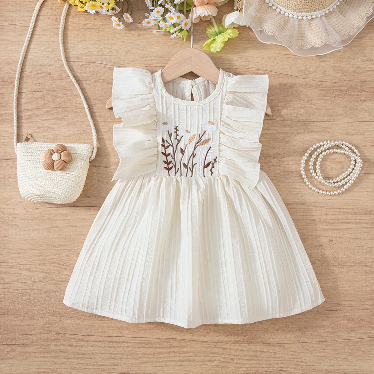 Girls' Cute Print Dress, Seasonal Change, Summer Fashion Round Neck Sleeveless Ruffle Knee - Length, Casual Versatile Party - lily supply