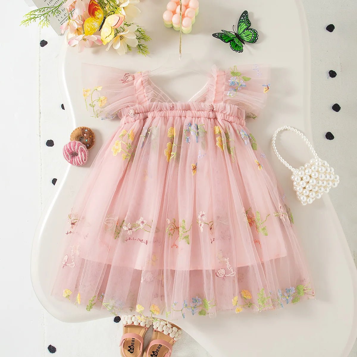 Girls Floral Mesh Summer Dress | Flower Girl Wedding Baby Dress 9M - 4Y - lily supply