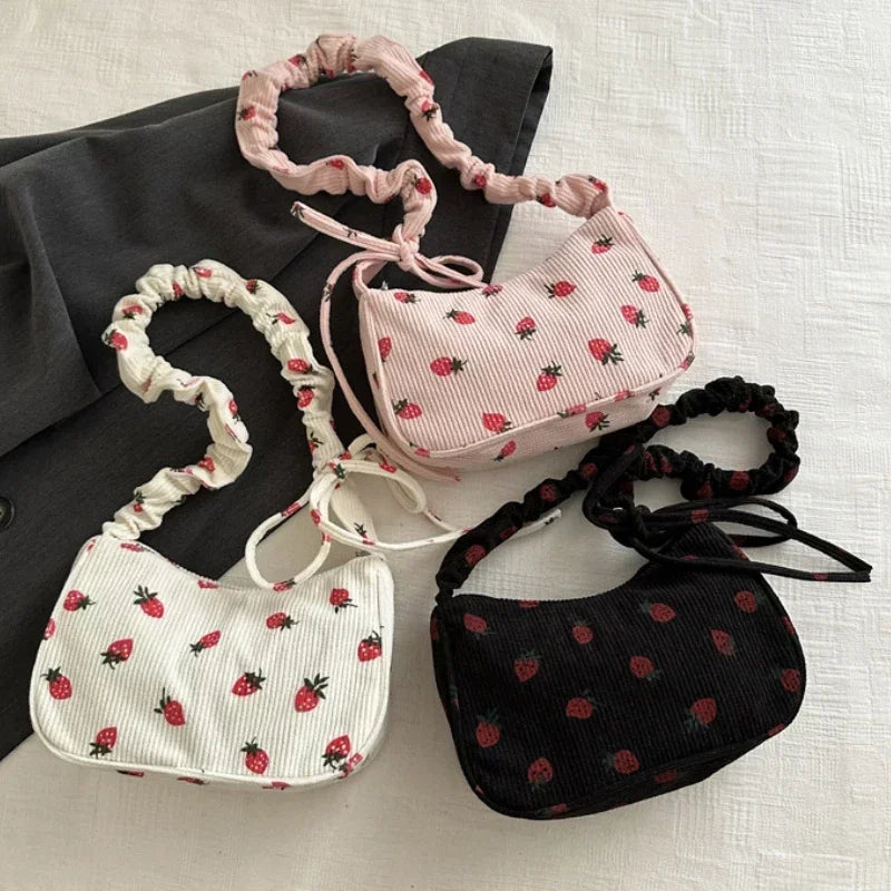 Women's Corduroy Strawberry Mini Shoulder Bag - Cute Half Moon Tote