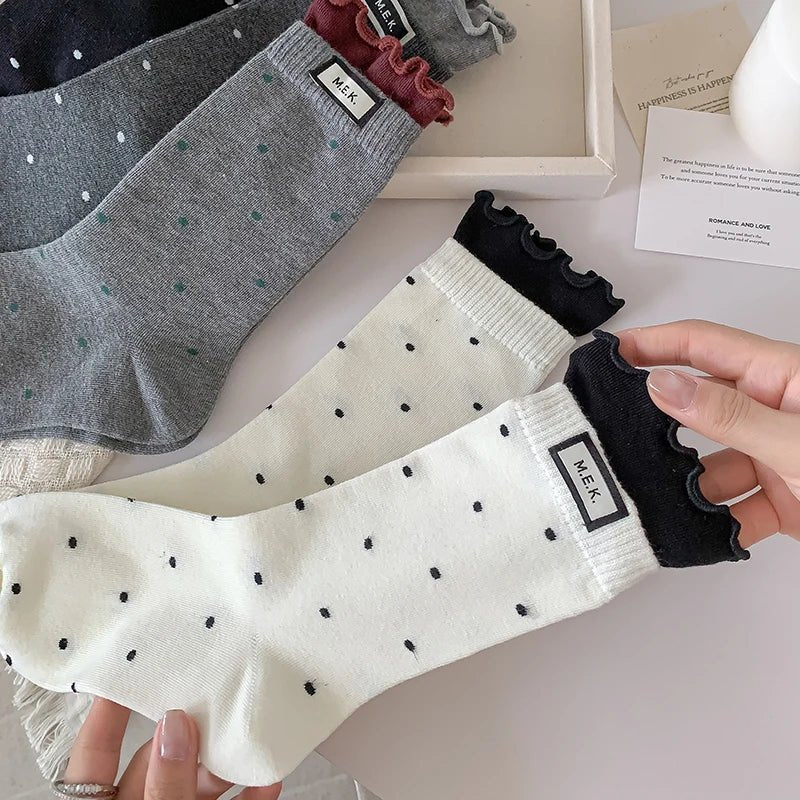 Women's Frilly Dots Preppy Long Cotton Socks – Sweet Knee High Socks - lily supply