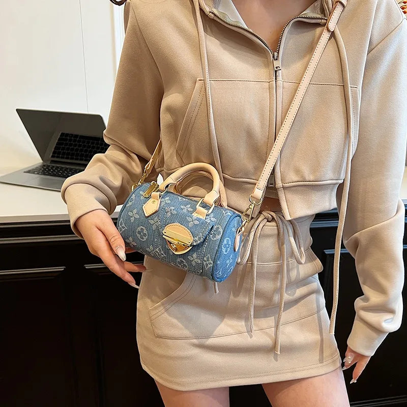 Trendy Popular Denim Bag for Women, New Stylish Versatile Crossbody Bag, Fashion Cylinder Handbag