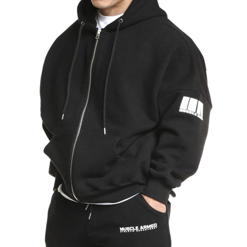 Men's Oversized Zip Hooded Gym Sweatshirt - Loose Running Training Jacket